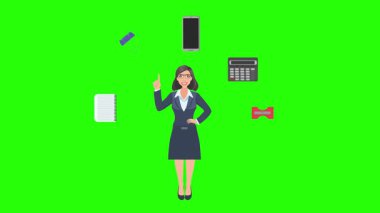 Ofis araçları, iş veya eğitim grafikleriyle çevrili ofis kadınlarıyla çizgi film animasyonu