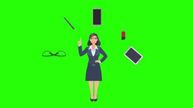 Ofis araçları, iş veya eğitim grafikleriyle çevrili ofis kadınlarıyla çizgi film animasyonu