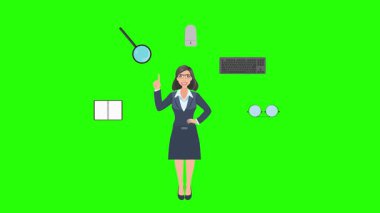 Ofis araçları, iş veya eğitim grafikleriyle çevrili ofis kadınlarıyla çizgi film animasyonu