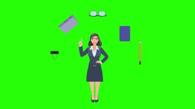 Ofis araçları, iş veya eğitim grafikleriyle çevrili ofis kadınlarıyla çizgi film animasyonu