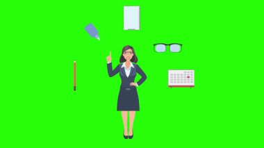 Ofis araçları, iş veya eğitim grafikleriyle çevrili ofis kadınlarıyla çizgi film animasyonu