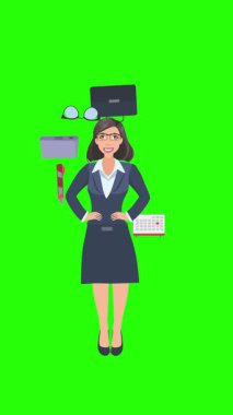 Ofis araçları, iş veya eğitim grafikleriyle çevrili ofis kadınlarıyla çizgi film animasyonu