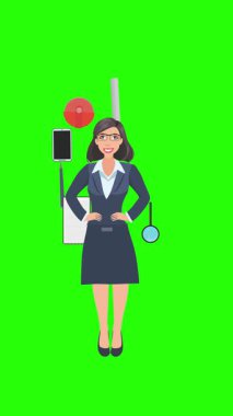 Ofis araçları, iş veya eğitim grafikleriyle çevrili ofis kadınlarıyla çizgi film animasyonu