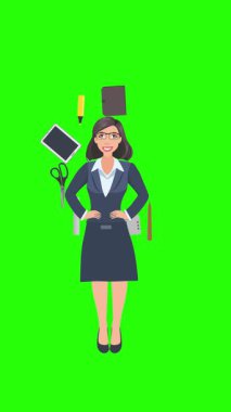 Ofis araçları, iş veya eğitim grafikleriyle çevrili ofis kadınlarıyla çizgi film animasyonu