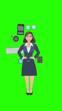 Ofis araçları, iş veya eğitim grafikleriyle çevrili ofis kadınlarıyla çizgi film animasyonu