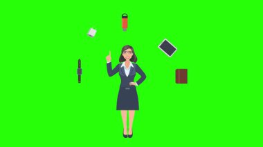 Ofis araçları, iş veya eğitim grafikleriyle çevrili ofis kadınlarıyla çizgi film animasyonu