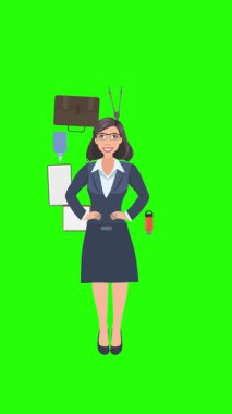 Ofis araçları, iş veya eğitim grafikleriyle çevrili ofis kadınlarıyla çizgi film animasyonu