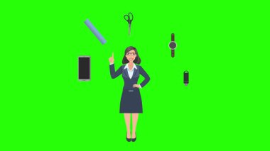 Ofis araçları, iş veya eğitim grafikleriyle çevrili ofis kadınlarıyla çizgi film animasyonu
