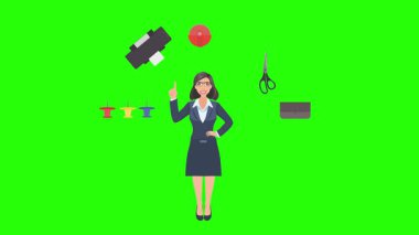 Ofis araçları, iş veya eğitim grafikleriyle çevrili ofis kadınlarıyla çizgi film animasyonu