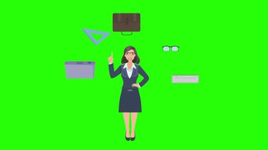 Ofis araçları, iş veya eğitim grafikleriyle çevrili ofis kadınlarıyla çizgi film animasyonu
