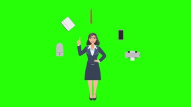 Ofis araçları, iş veya eğitim grafikleriyle çevrili ofis kadınlarıyla çizgi film animasyonu