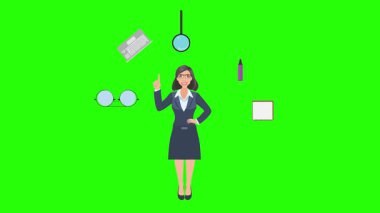Ofis araçları, iş veya eğitim grafikleriyle çevrili ofis kadınlarıyla çizgi film animasyonu