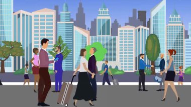 İnsanlar yürüyor, çizgi film karikatürleri dağılıyor, seyahat teması...