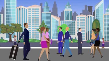 İnsanlar yürüyor, çizgi film karikatürleri dağılıyor, seyahat teması...