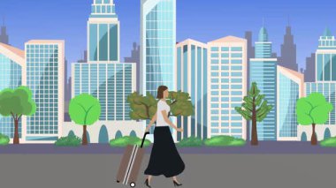 Kadın yürüyüşü, şehir molası çizgi film animasyonu, seyahat teması