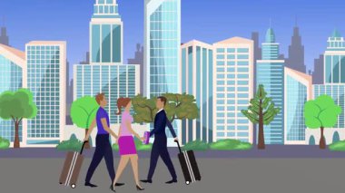 İnsanlar yürüyor, çizgi film karikatürleri dağılıyor, seyahat teması...