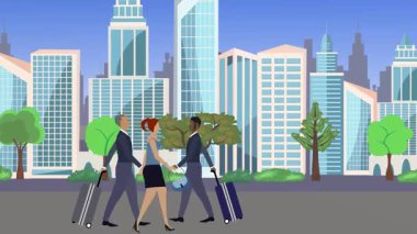 İnsanlar yürüyor, çizgi film karikatürleri dağılıyor, seyahat teması...