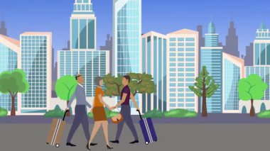 İnsanlar yürüyor, çizgi film karikatürleri dağılıyor, seyahat teması...