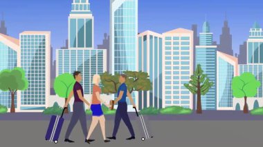 İnsanlar yürüyor, çizgi film karikatürleri dağılıyor, seyahat teması...