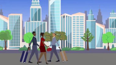 İnsanlar yürüyor, çizgi film karikatürleri dağılıyor, seyahat teması...