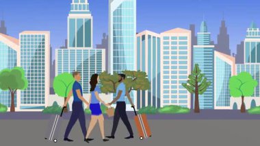 İnsanlar yürüyor, çizgi film karikatürleri dağılıyor, seyahat teması...