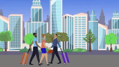 İnsanlar yürüyor, çizgi film karikatürleri dağılıyor, seyahat teması...