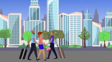 İnsanlar yürüyor, çizgi film karikatürleri dağılıyor, seyahat teması...