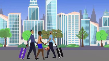 İnsanlar yürüyor, çizgi film karikatürleri dağılıyor, seyahat teması...