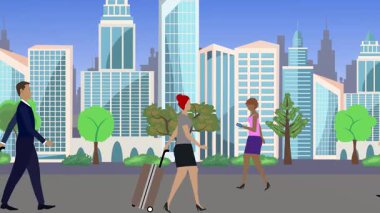 İnsanlar yürüyor, çizgi film karikatürleri dağılıyor, seyahat teması...