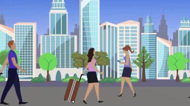 İnsanlar yürüyor, çizgi film karikatürleri dağılıyor, seyahat teması...