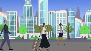 İnsanlar yürüyor, çizgi film karikatürleri dağılıyor, seyahat teması...