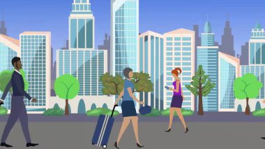 İnsanlar yürüyor, çizgi film karikatürleri dağılıyor, seyahat teması...