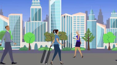 İnsanlar yürüyor, çizgi film karikatürleri dağılıyor, seyahat teması...