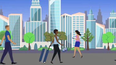 İnsanlar yürüyor, çizgi film karikatürleri dağılıyor, seyahat teması...