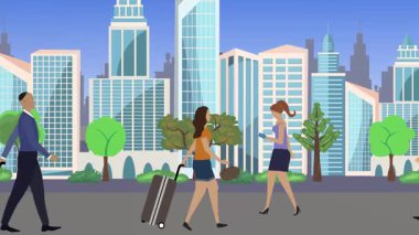 İnsanlar yürüyor, çizgi film karikatürleri dağılıyor, seyahat teması...