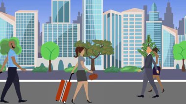 İnsanlar yürüyor, çizgi film karikatürleri dağılıyor, seyahat teması...