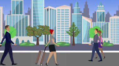 İnsanlar yürüyor, çizgi film karikatürleri dağılıyor, seyahat teması...