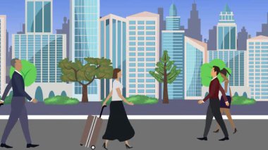 İnsanlar yürüyor, çizgi film karikatürleri dağılıyor, seyahat teması...