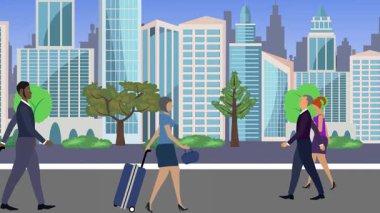 İnsanlar yürüyor, çizgi film karikatürleri dağılıyor, seyahat teması...