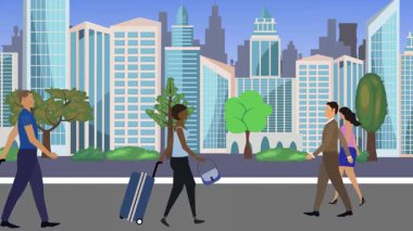 İnsanlar yürüyor, çizgi film karikatürleri dağılıyor, seyahat teması...