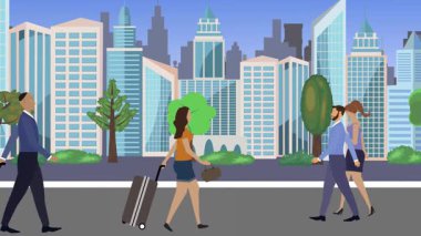 İnsanlar yürüyor, çizgi film karikatürleri dağılıyor, seyahat teması...