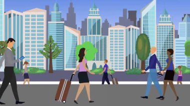 İnsanlar yürüyor, çizgi film karikatürleri dağılıyor, seyahat teması...