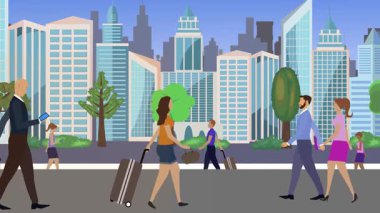 İnsanlar yürüyor, çizgi film karikatürleri dağılıyor, seyahat teması...