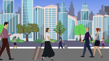 İnsanlar yürüyor, çizgi film karikatürleri dağılıyor, seyahat teması...