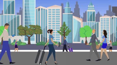 İnsanlar yürüyor, çizgi film karikatürleri dağılıyor, seyahat teması...