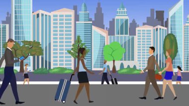 İnsanlar yürüyor, çizgi film karikatürleri dağılıyor, seyahat teması...