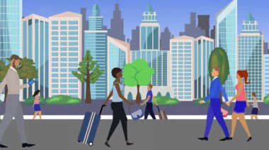 İnsanlar yürüyor, çizgi film karikatürleri dağılıyor, seyahat teması...