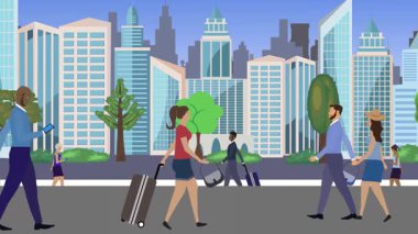 İnsanlar yürüyor, çizgi film karikatürleri dağılıyor, seyahat teması...