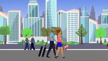 İnsanlar yürüyor, çizgi film karikatürleri dağılıyor, seyahat teması...