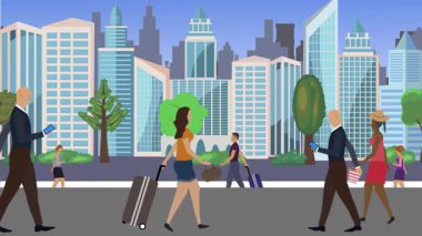 İnsanlar yürüyor, çizgi film karikatürleri dağılıyor, seyahat teması...